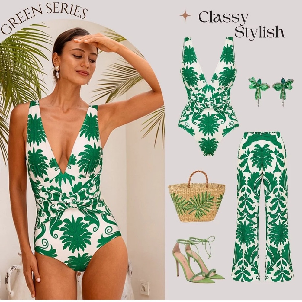 Elegant Green Leaf Print One-Piece Swimsuit set